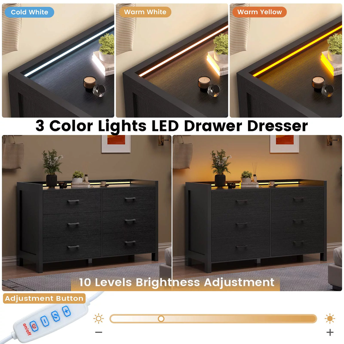 Black 6 Drawer Double Dresser with LED Lights R91376