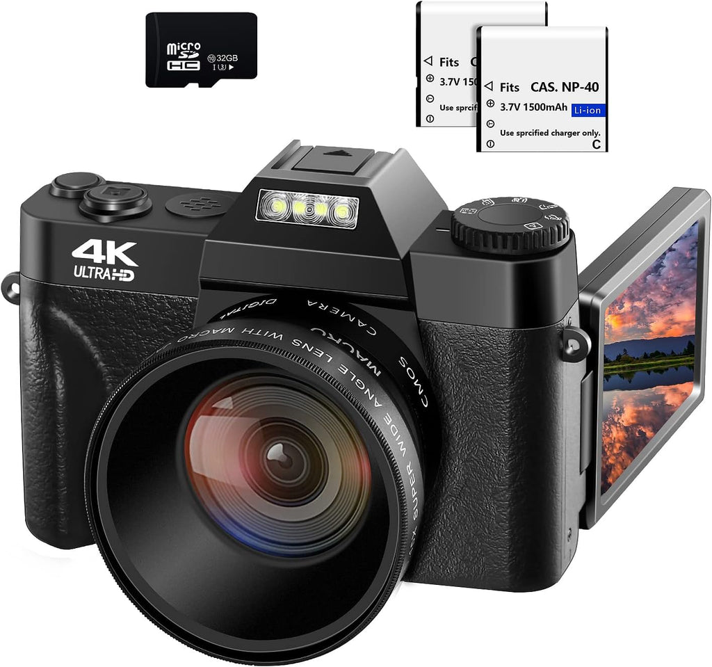 48MP 16X Digital Zoom Flip Screen Autofocus Camcorder with Wide-Angle Lens, Macro Lens, 32G Micro Card, 2 Batteries (Gray) Y100