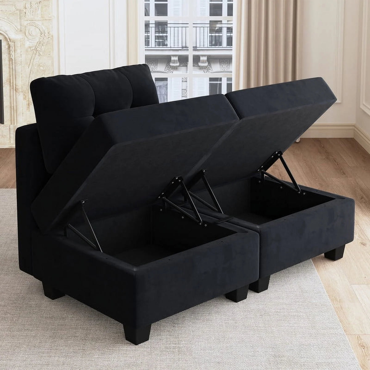 Black Velvet Armless Chair with Storage U57825