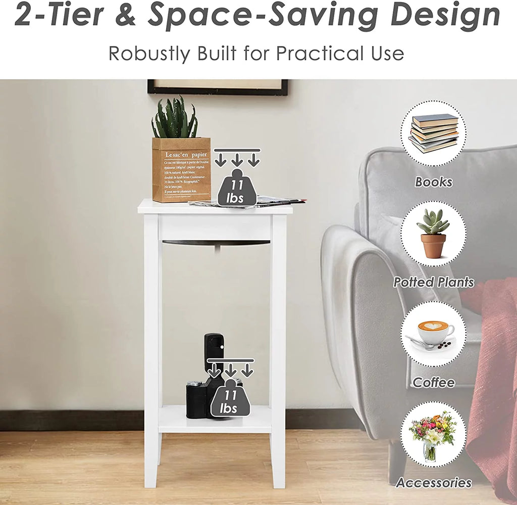 2-Tier End Table with Shelf and Wooden Legs, White K2106