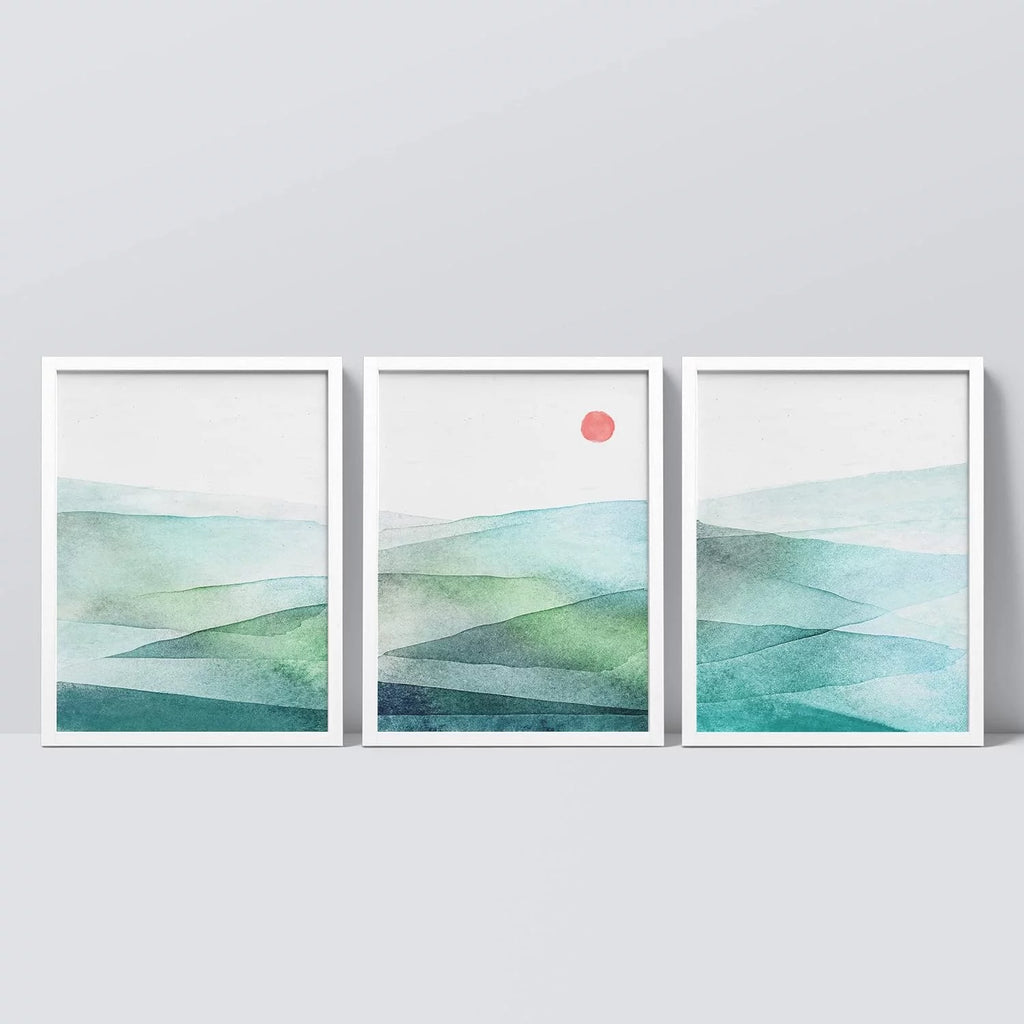 Framed Canvas Print Wall Art Set of 3 Green Blue Mountains N9444
