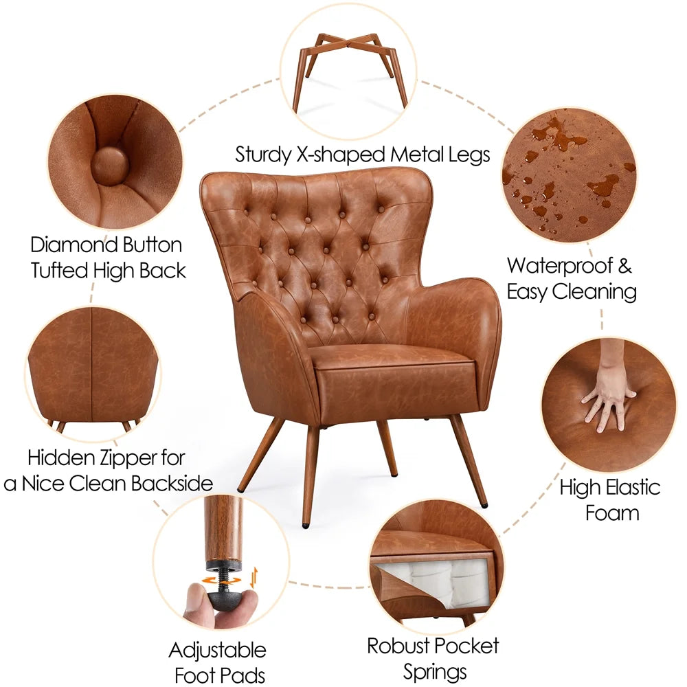 Brown Faux Leather Tufted Accent Chair, 2pcs X7849