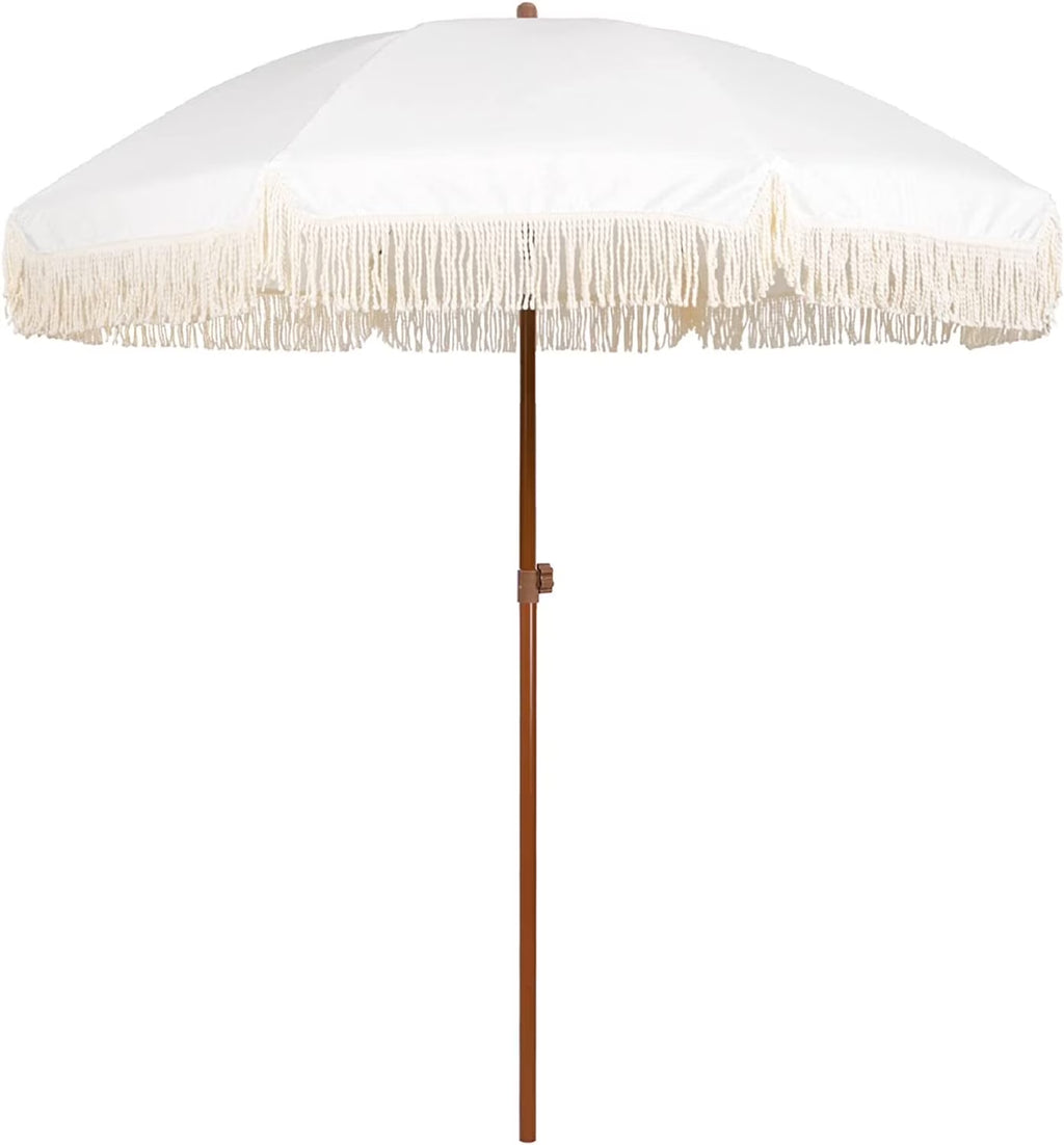 White Cream 7ft Patio Umbrella with Fringe O3468