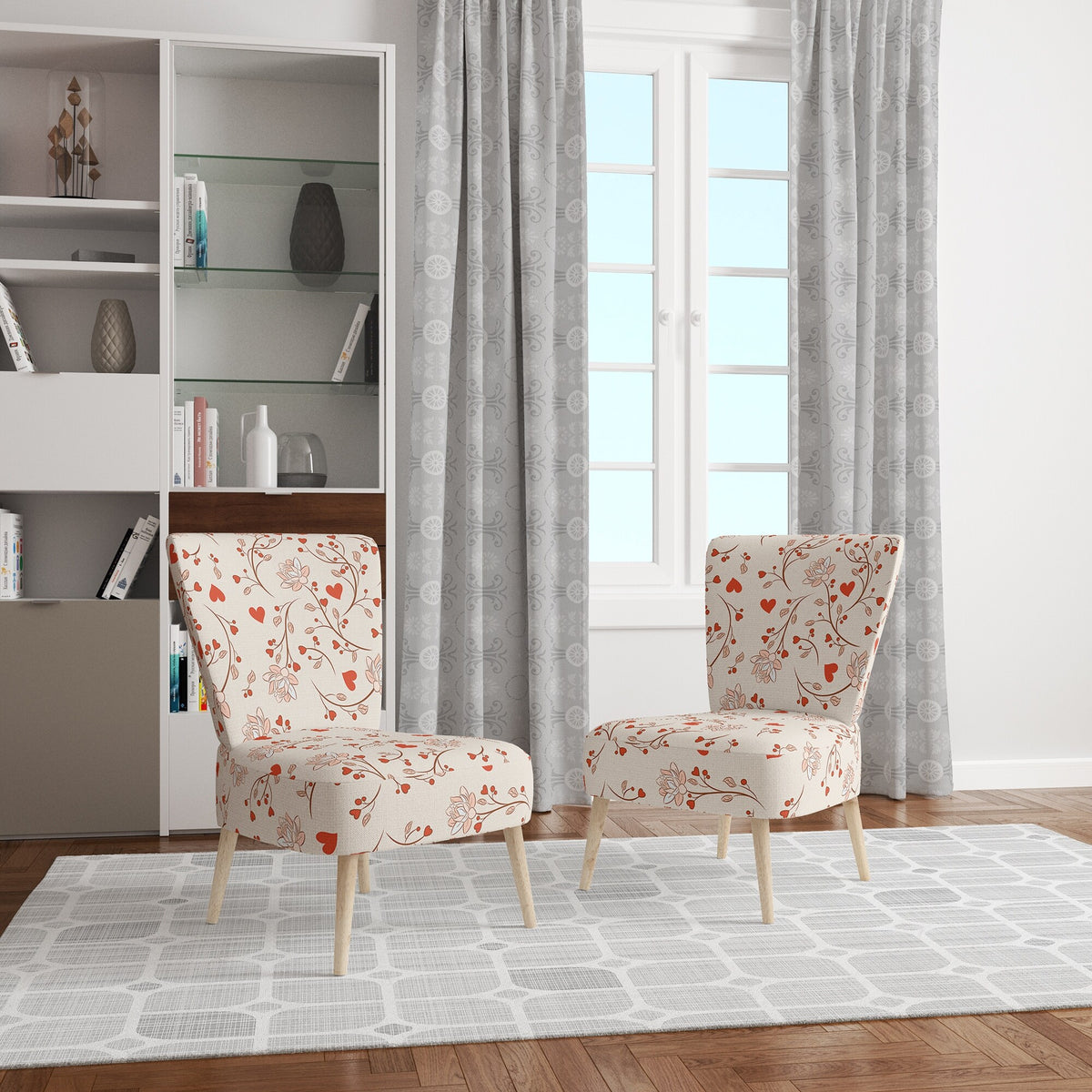 Red Vector Floral Pattern Upholstered Accent Chair and Arm Chair X113188