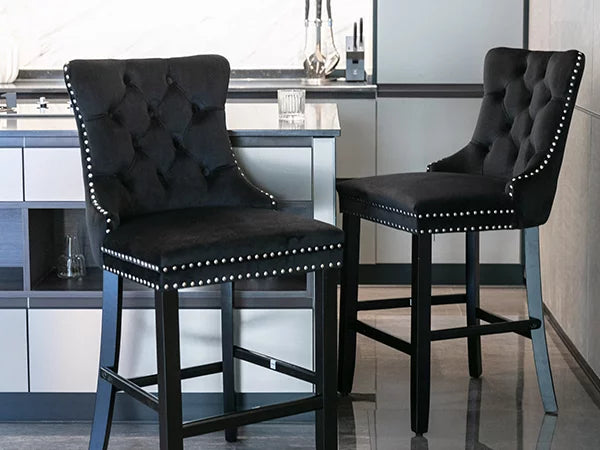 Black Velvet Upholstered Bar Stools Set of 4 P7118