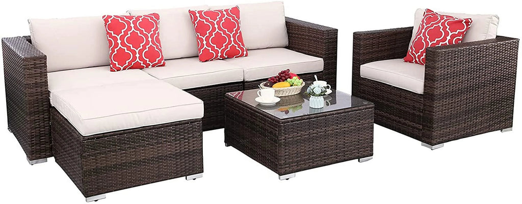 6pcs Gray Rattan Wicker Sectional Outdoor Sofa Set with Black Washable Seat Cushions & Glass Coffee Table J698