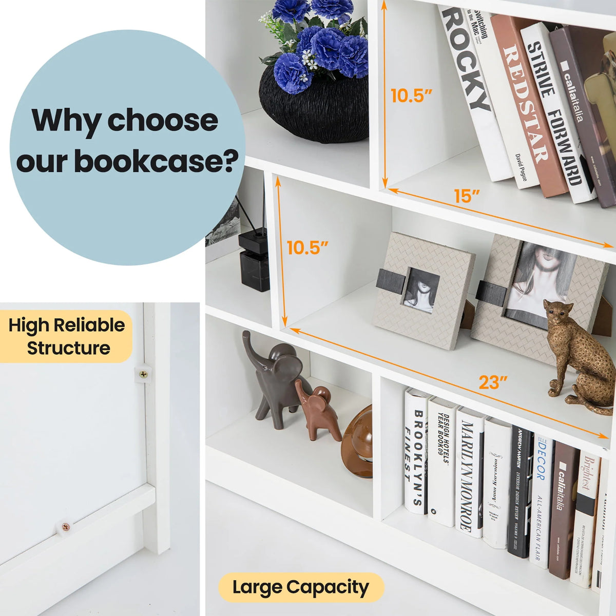 White 3-tier 8-Cube Floor Standing Storage Bookcase L185