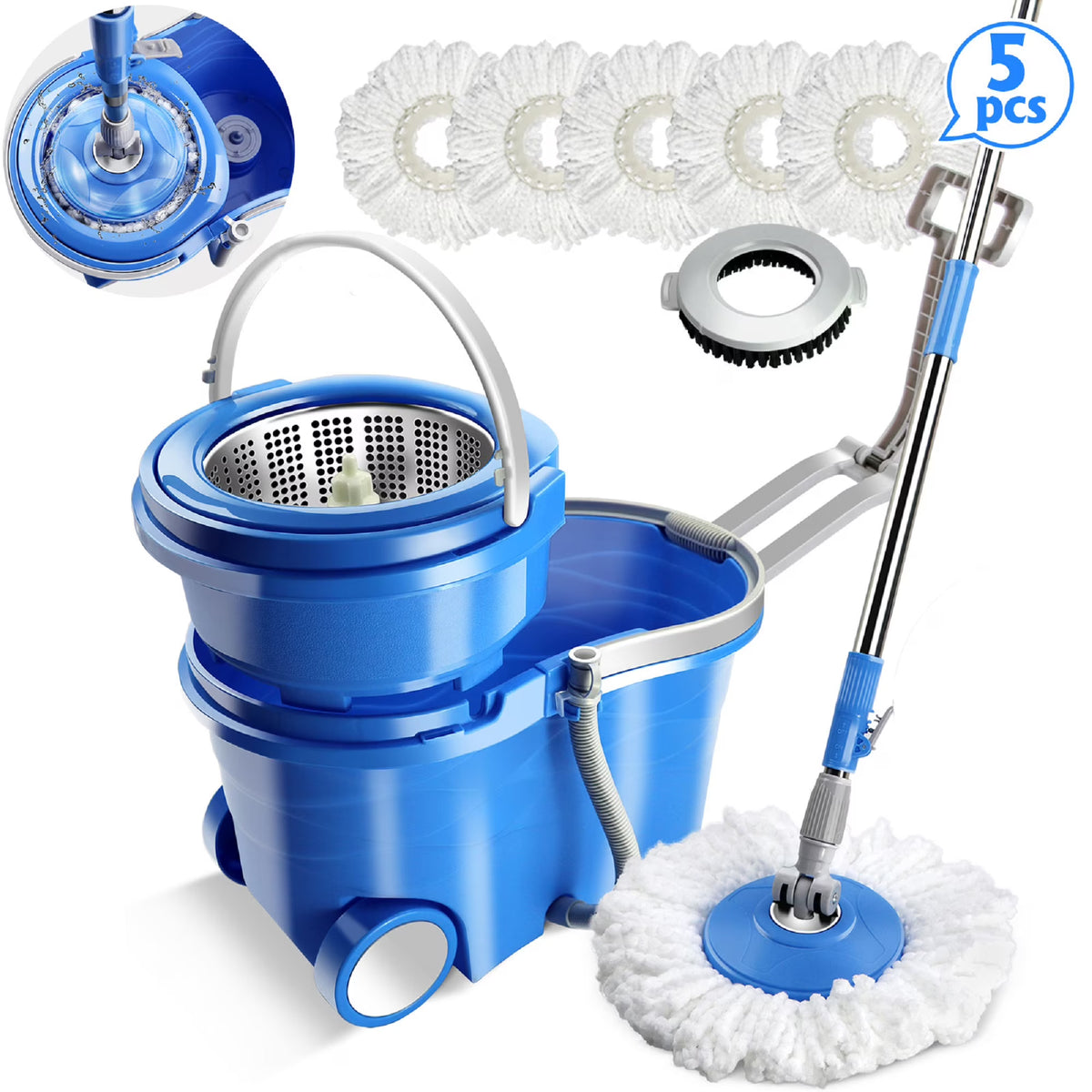 Spin Mop and Bucket System with Wringer, 5 Microfiber Mop Heads Y107464
