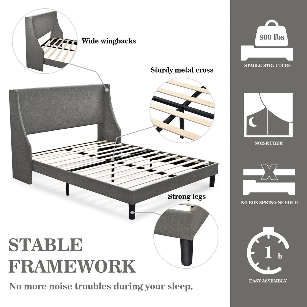 Queen Size Light Grey Upholstered Platform Bed Frame G381