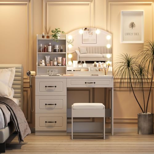 White Makeup Vanity Desk with Lights and Charging Station U347