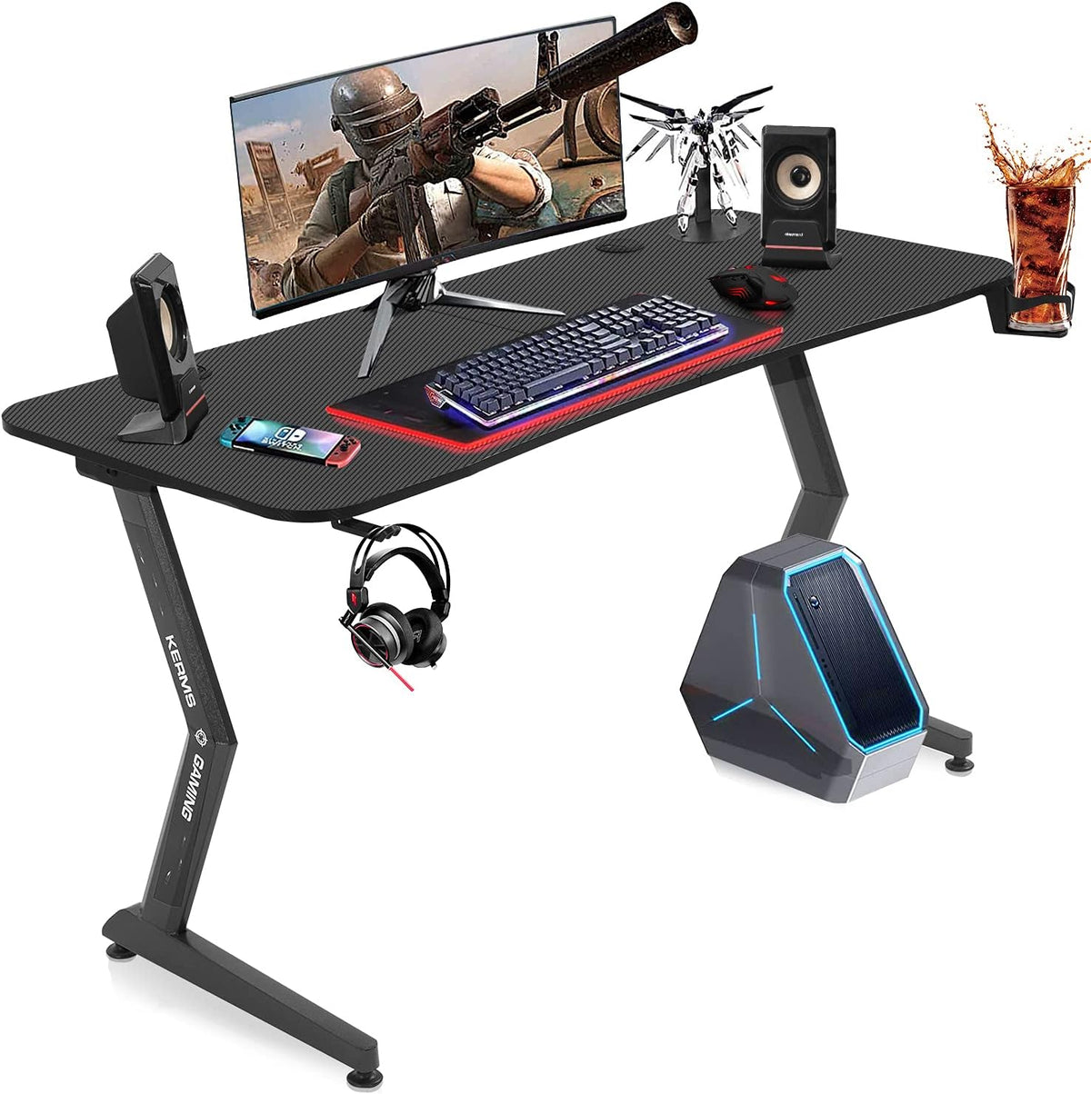 Black&Red 44 inch Gaming Desk with Headphone Hook and Cup Holder J837386