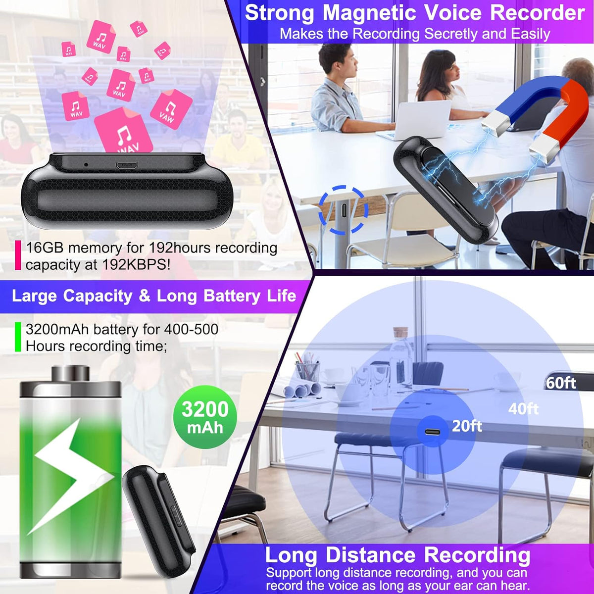 16GB Voice Activated Recorder, Magnetic, Portable Audio Recorder, Pack of 2 H77075