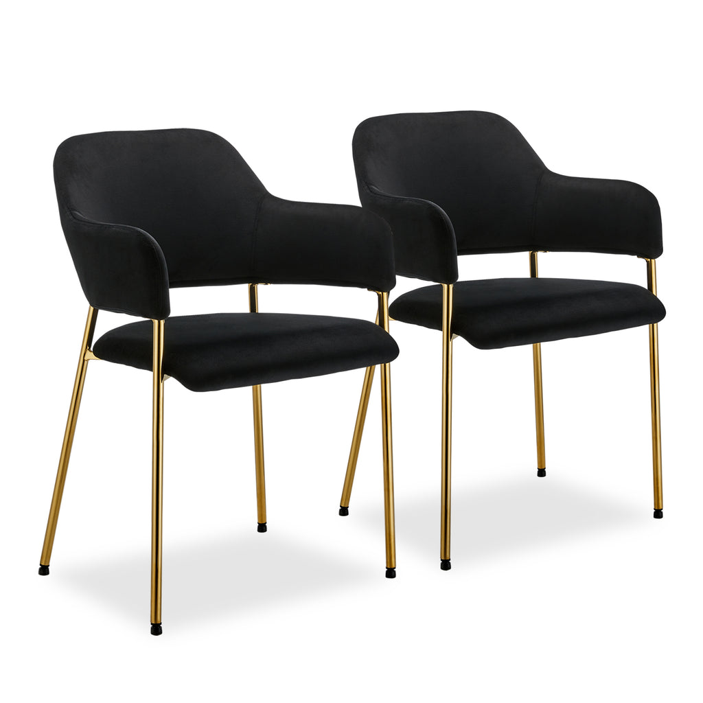 Black Velvet Dining Chairs Set of 2 with Armrest and Golden Chrome Legs C7826