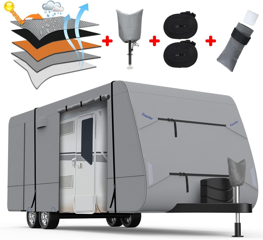 5 Layers Travel Trailer RV Cover Heavy Duty Camper Cover Anti-UV, Rip-Stop, Breathable with Tongue Jack Cover, 2Pcs Straps & Gutter Covers I81822