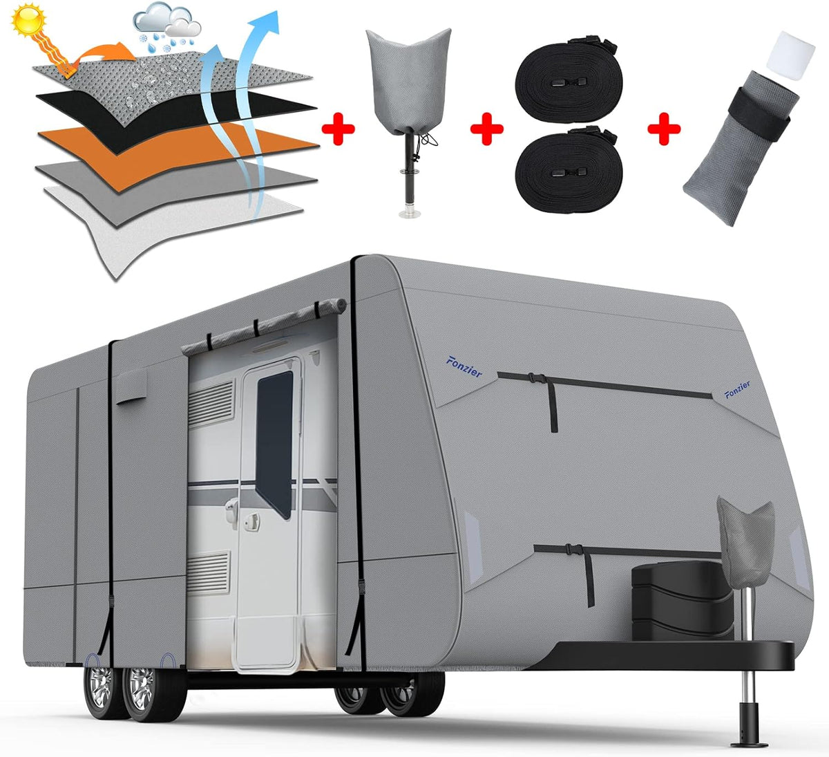 5 Layers Travel Trailer RV Cover Heavy Duty Camper Cover Anti-UV, Rip-Stop, Breathable with Tongue Jack Cover, 2Pcs Straps & Gutter Covers I81822