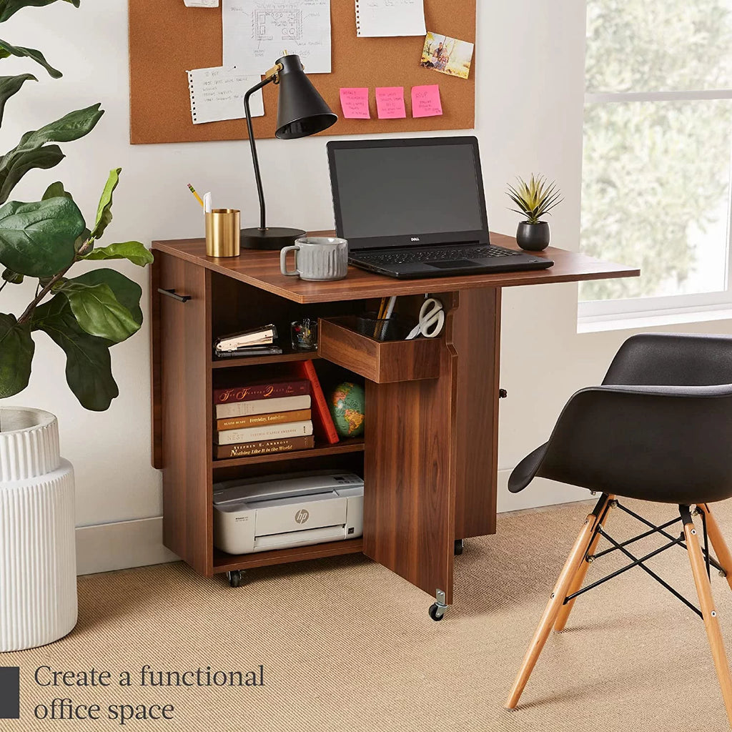 Folding Drop Leaf Dining Table with Wheels and 3 Storage Shelves Brown A557183
