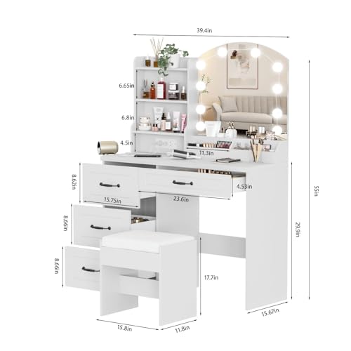 White Makeup Vanity Desk with Lights and Charging Station U347