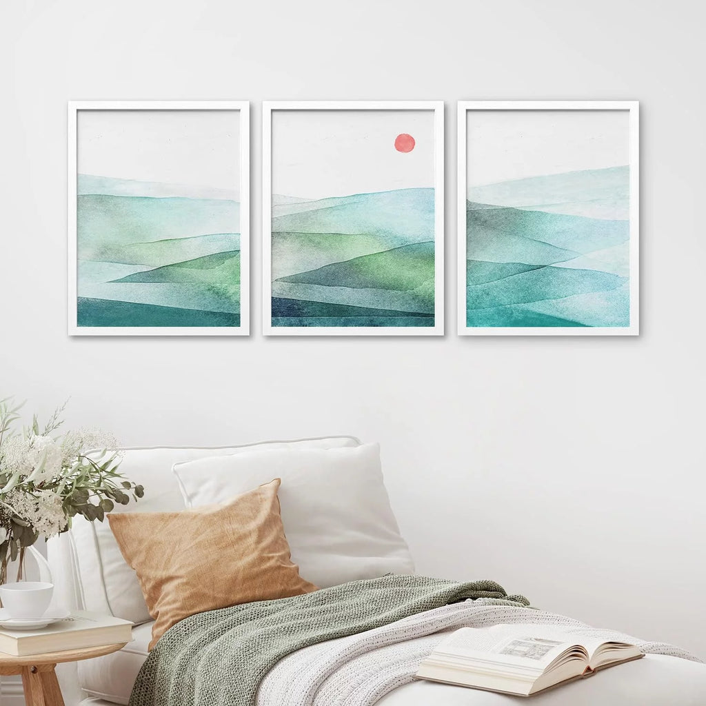 Framed Canvas Print Wall Art Set of 3 Green Blue Mountains N9444