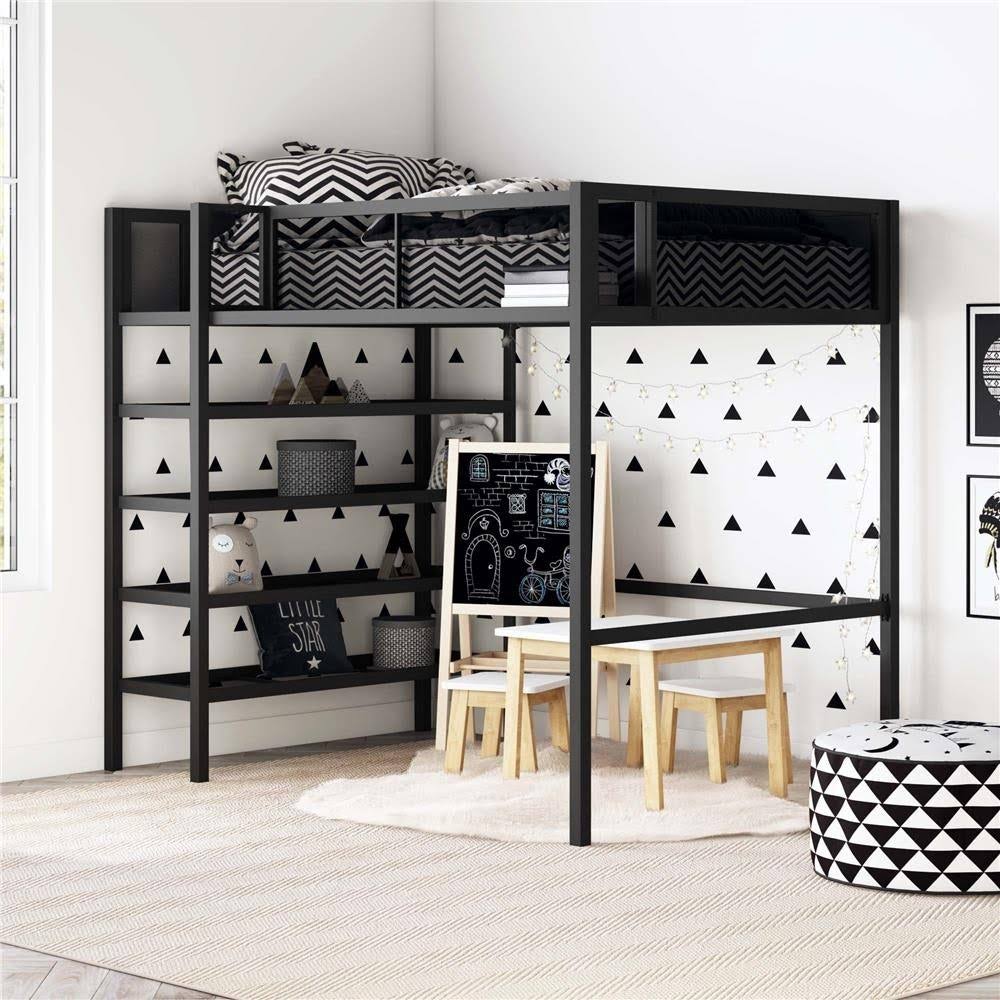 Black Metal Twin Storage Loft with Bookcase F439017