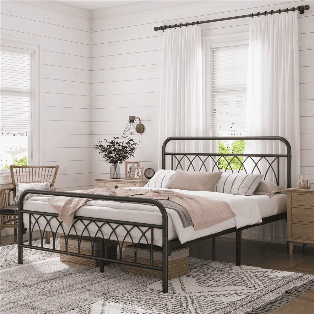 Black Metal Platform Bed Frame with Headboard and Footboard P7411
