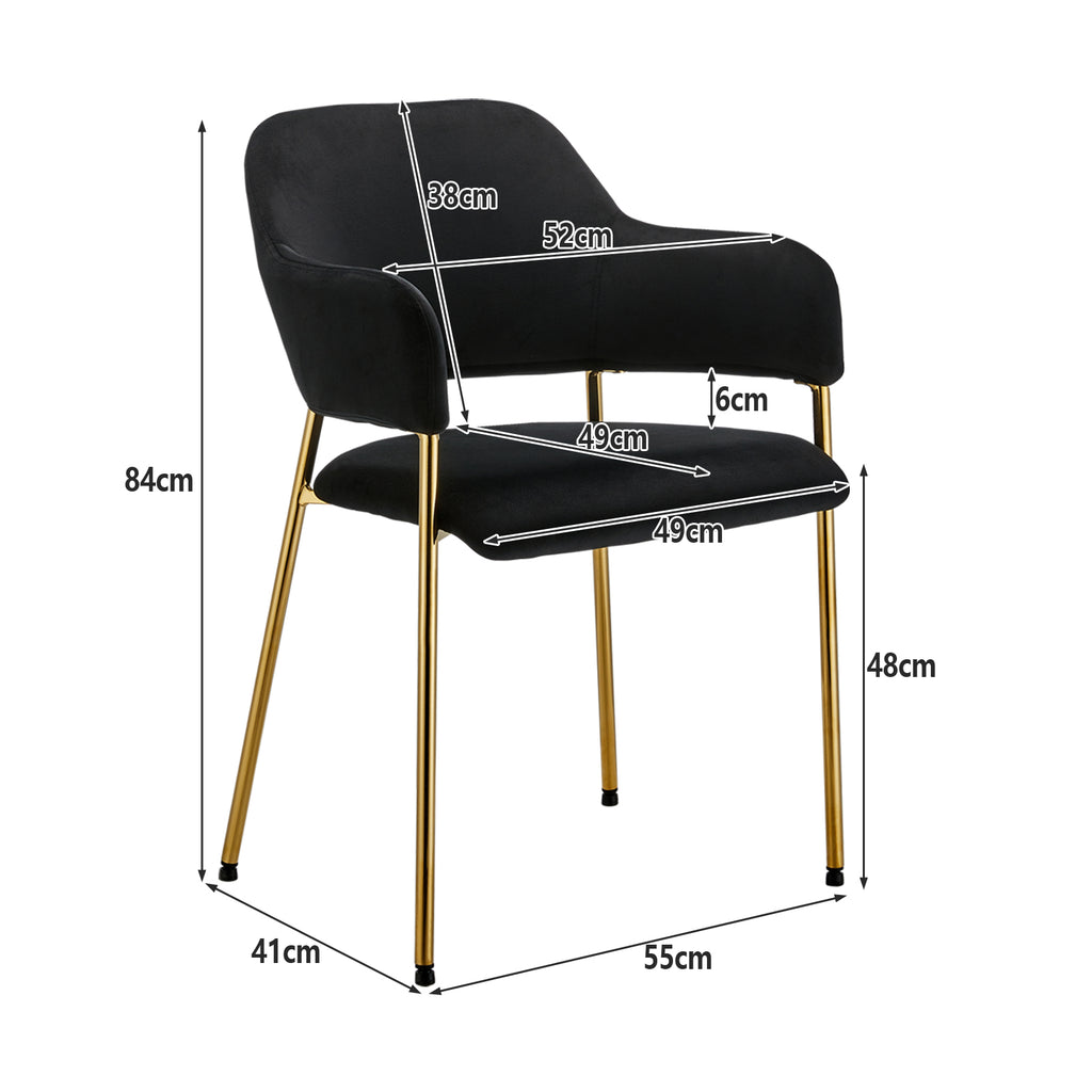Black Velvet Dining Chairs Set of 2 with Armrest and Golden Chrome Legs C7826