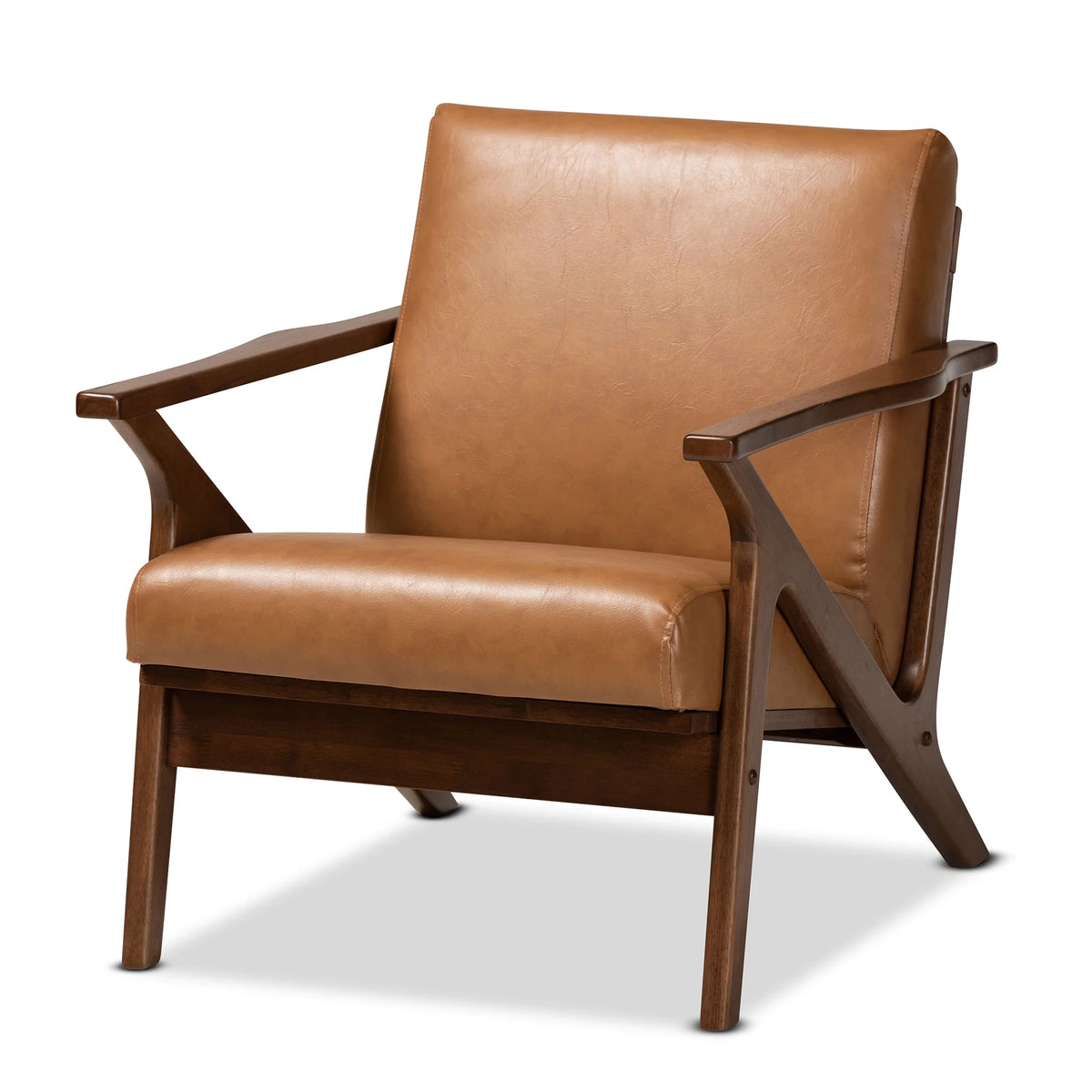 Walnut Brown Wood and Tan Faux Leather Lounge Chair W28394