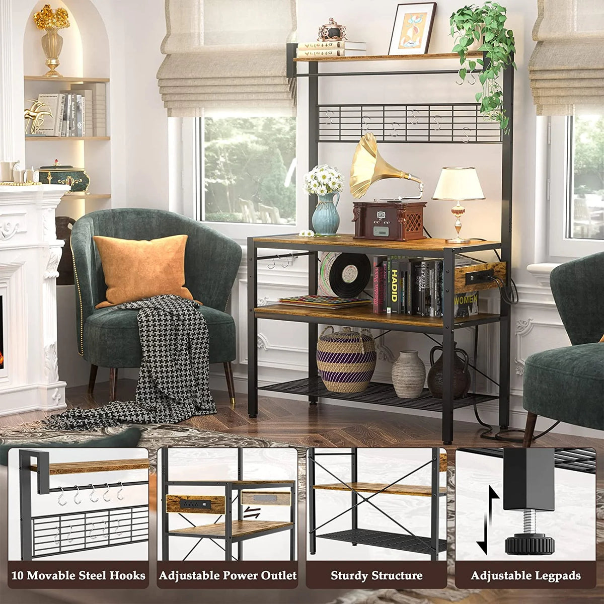 Rustic Brown 4-Tier Microwave Oven Stand with Hutch L73382