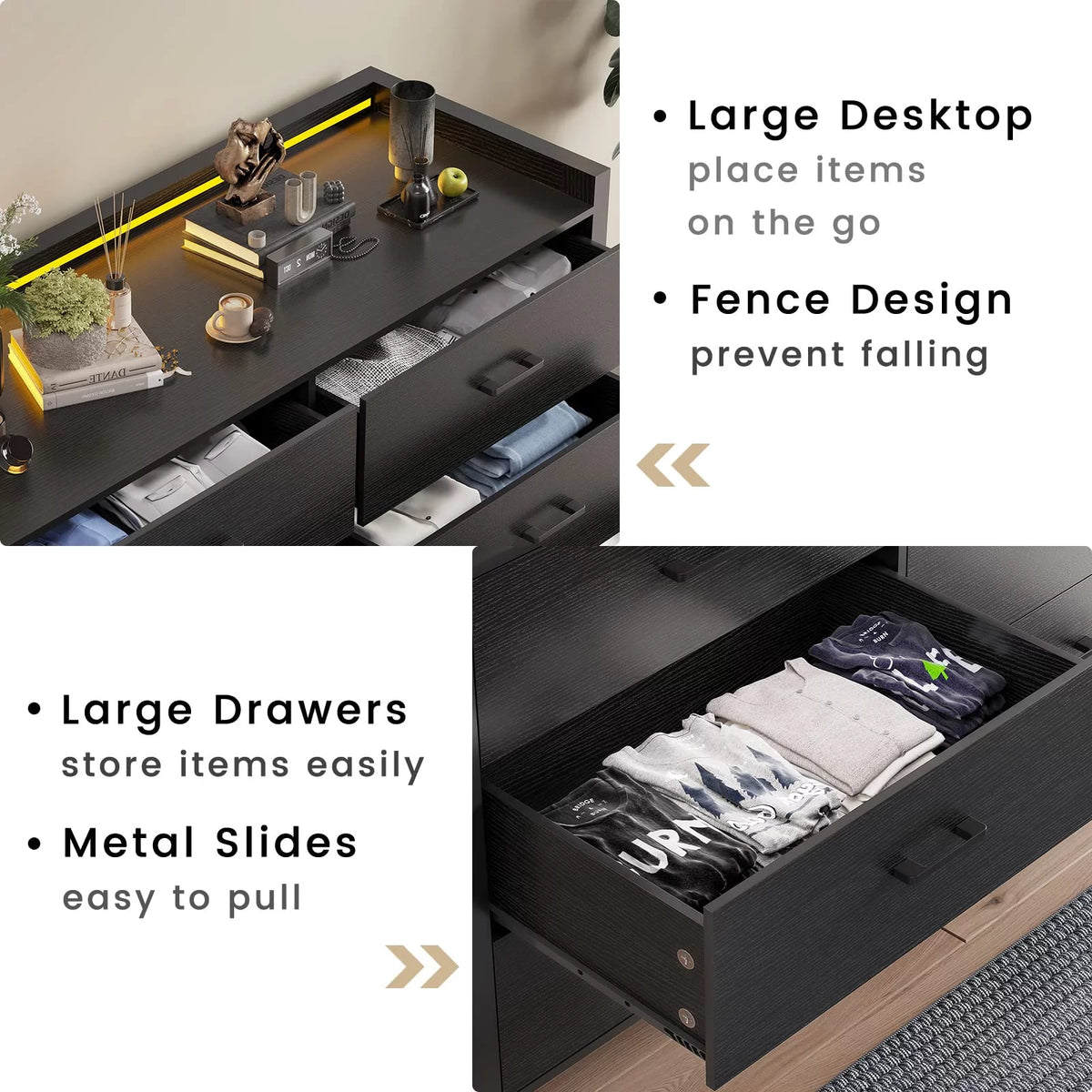 Black 6 Drawer Double Dresser with LED Lights R91376