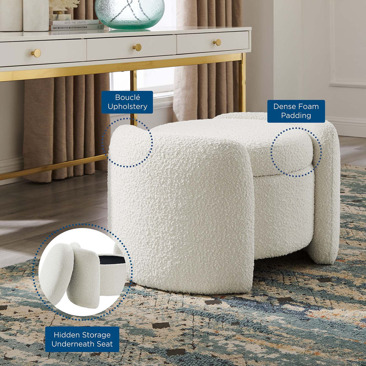 Ivory White Fabric Ottoman Accent Chair K884