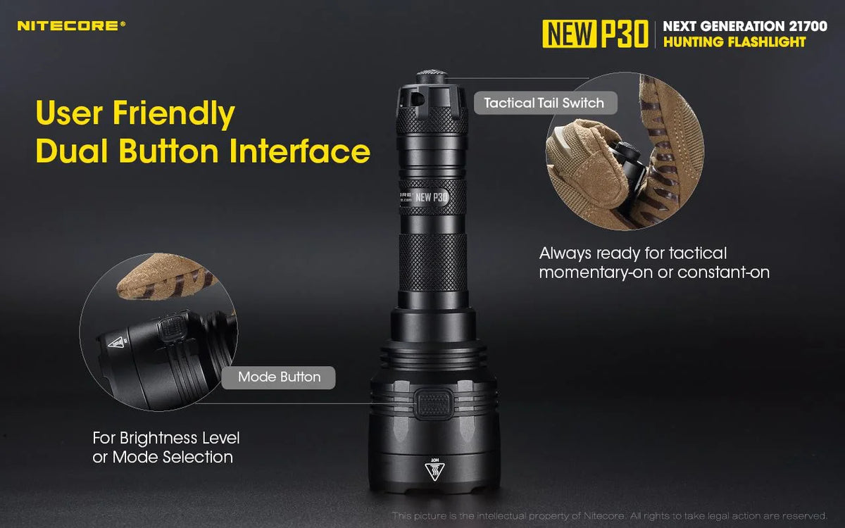 NITECORE P30 Hunting Flashlight, 1000 Lumens, USB-C Rechargeable Battery Included, and UMS2 Charger P486