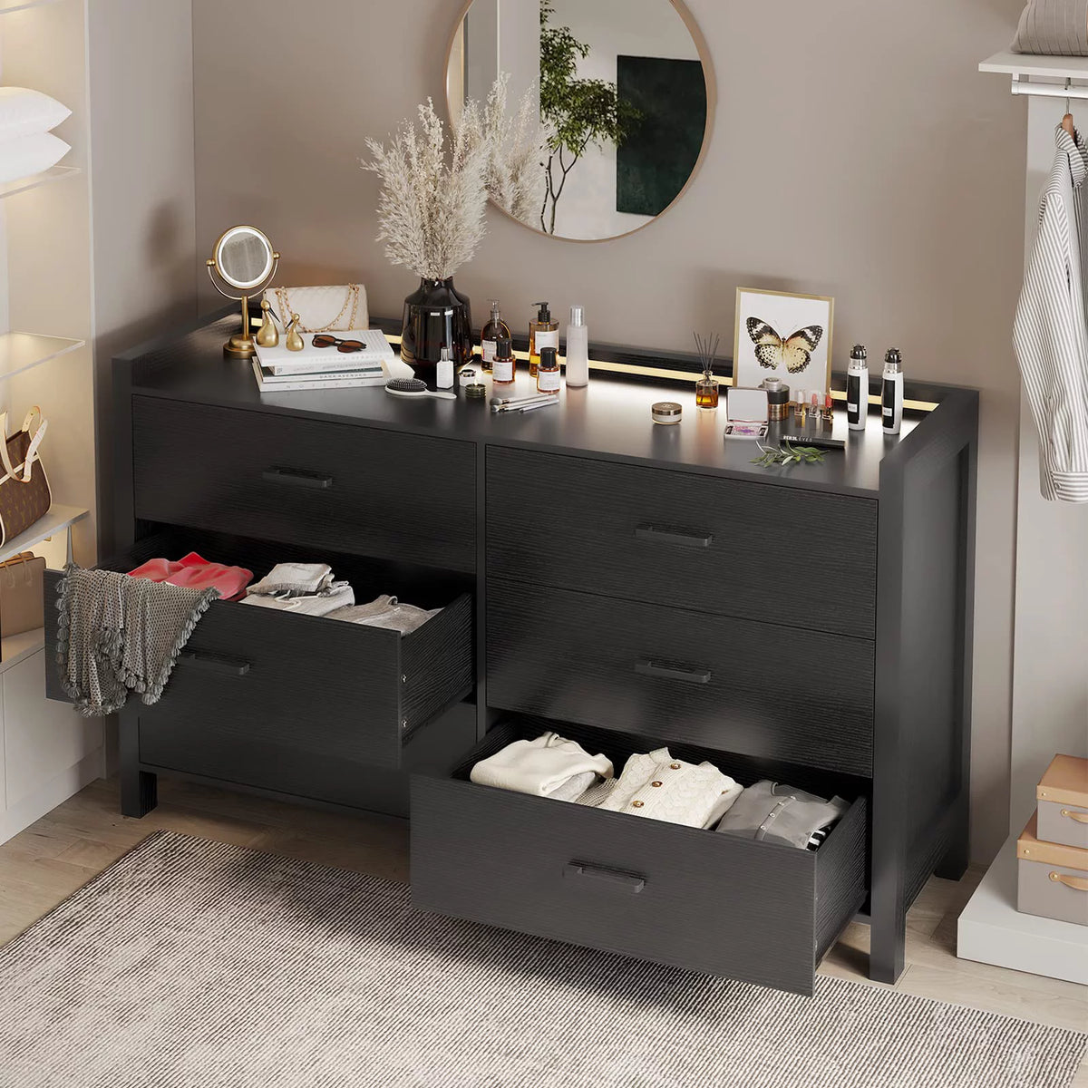 Black 6 Drawer Double Dresser with LED Lights R91376