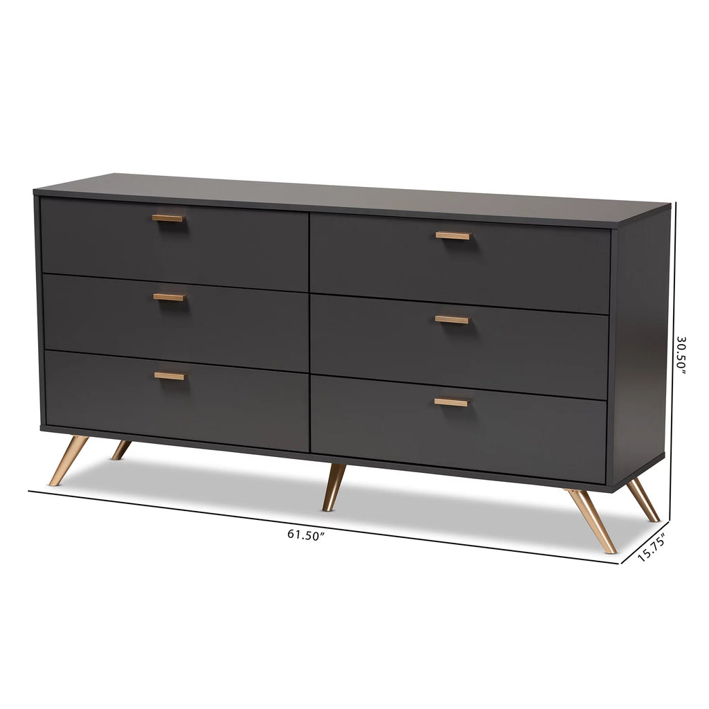 Dark Grey Gold Wood 6-Drawer Dresser V1097