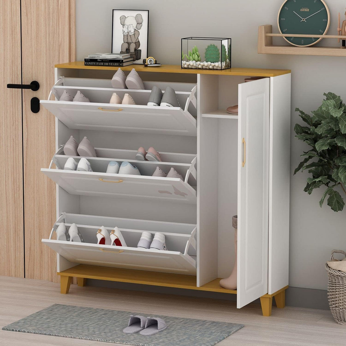 White-Walnut 3 Compartment Shoe Storage Cabinet with Locker F39692