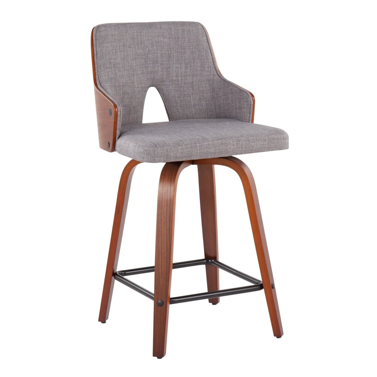 Mid-Century Modern Counter Stool In Walnut And Light Grey Fabric - Set Of 2 H946327