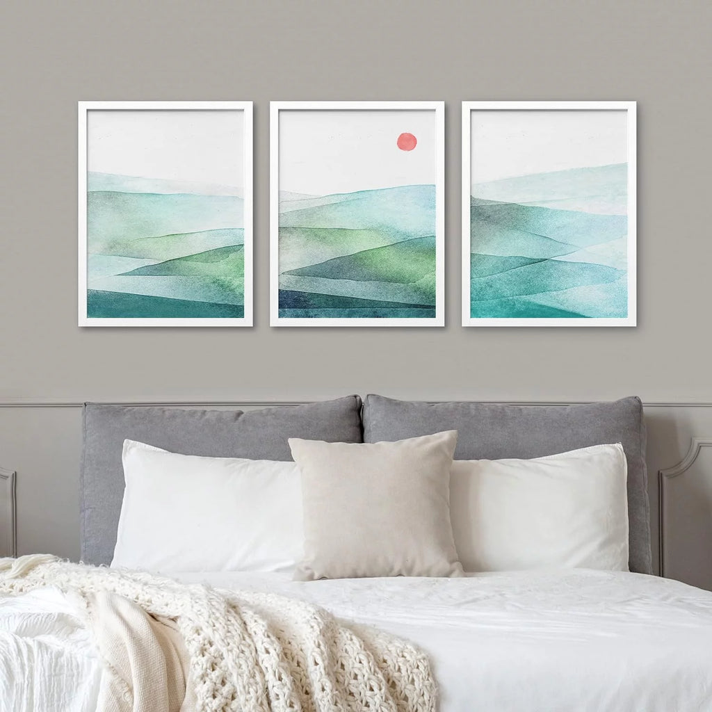 Framed Canvas Print Wall Art Set of 3 Green Blue Mountains N9444