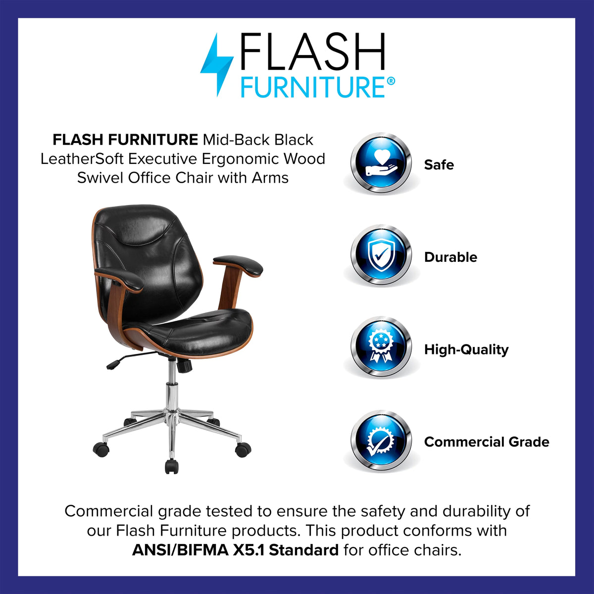 Black LeatherSoft Mid-Back Ergonomic Swivel Office Chair with Arms Z3726