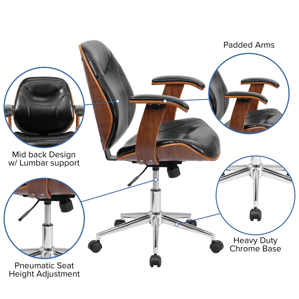 Black LeatherSoft Mid-Back Ergonomic Swivel Office Chair with Arms Z3726