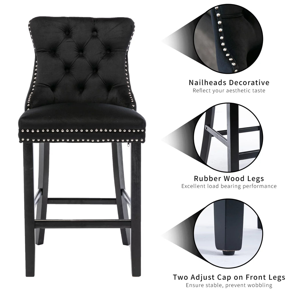 Black Velvet Upholstered Bar Stools Set of 4 P7118