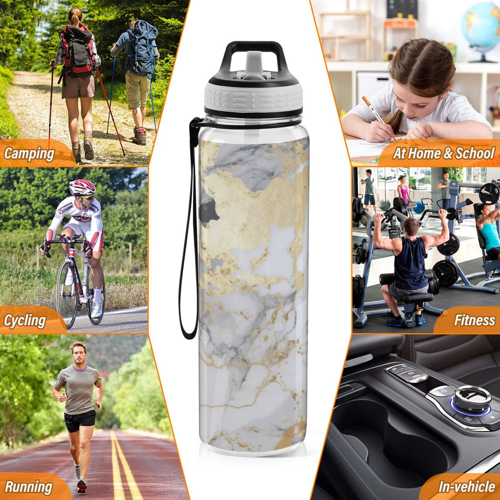 White and Black Golden Marble 32oz Tritan Leakproof Water Bottle with Straw U6090