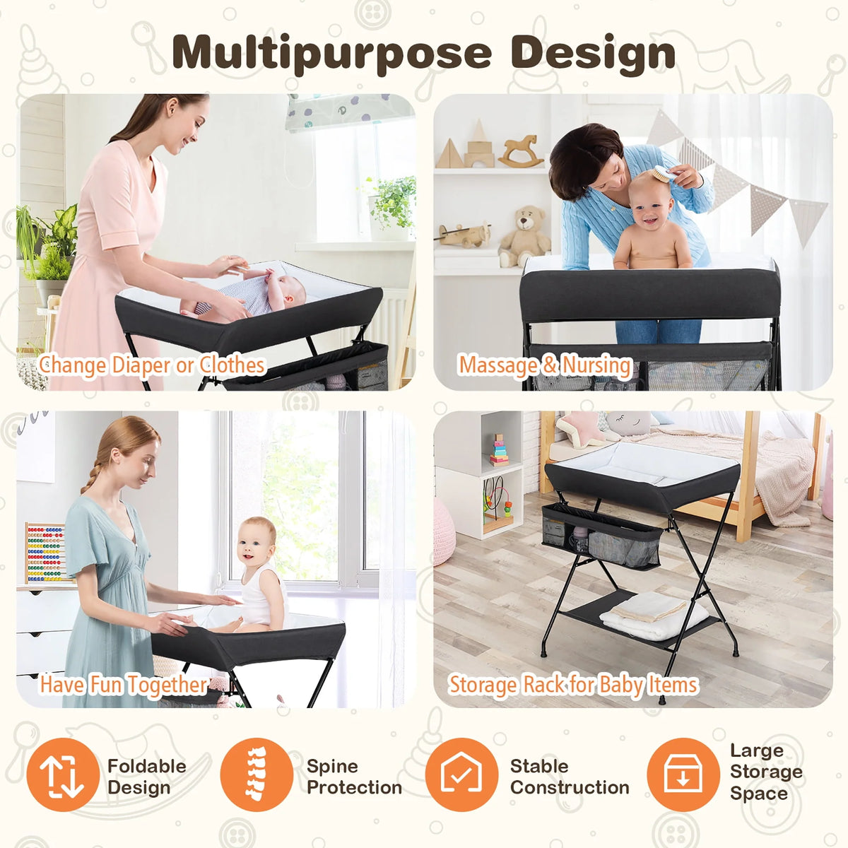 Folding Baby Changing Table with Storage Black W39839