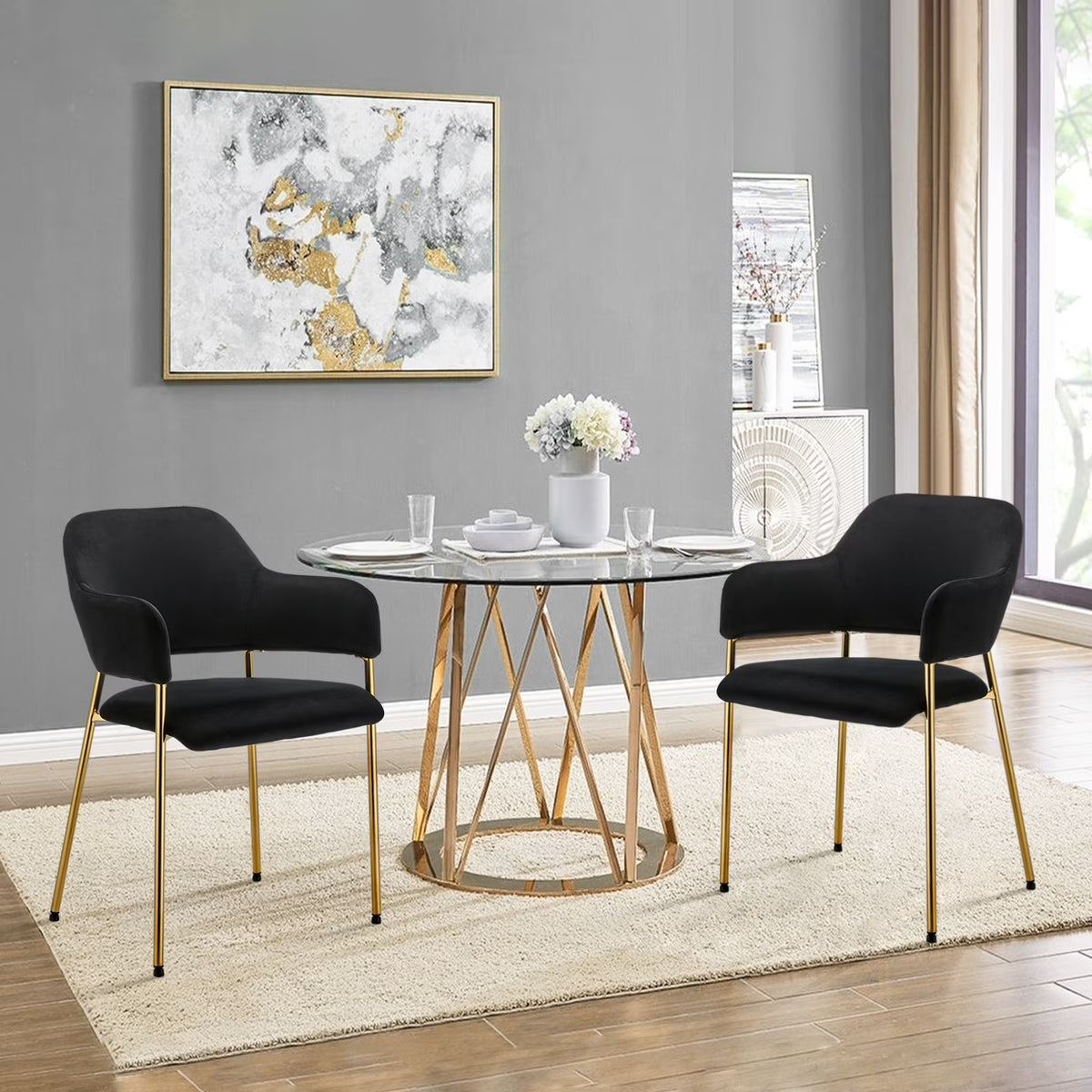 Black Velvet Dining Chairs Set of 2 with Armrest and Golden Chrome Legs C7826