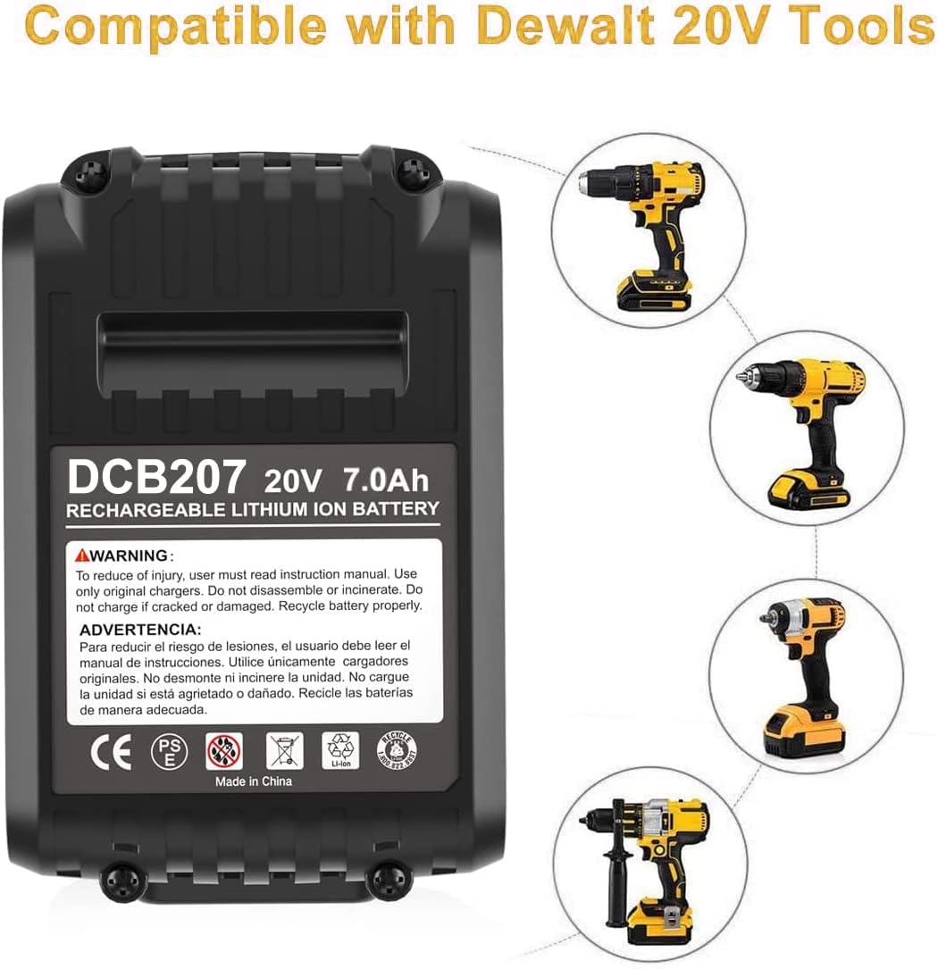 2 Packs 7.0Ah DCB207 Battery Compatible with Dewalt 20V Max Lithium Z581