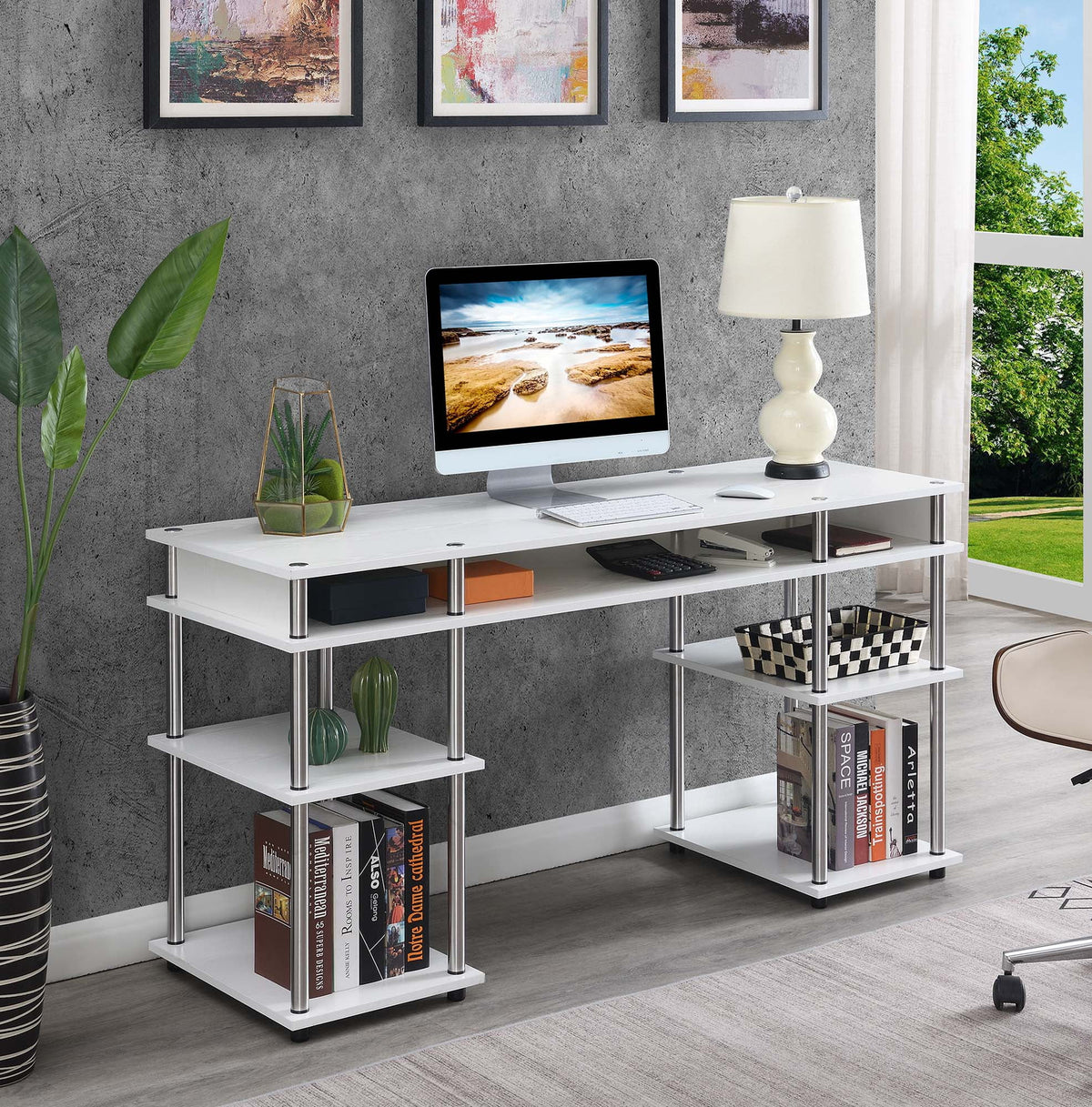 White 60-inch Student Desk with Shelves A13565