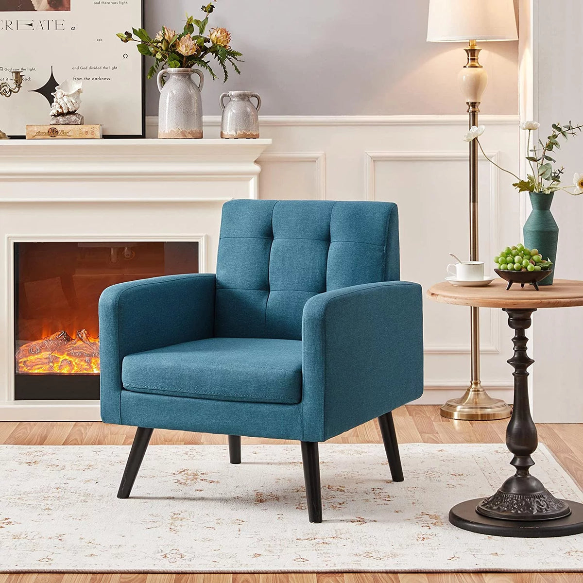 Mid-Century Accent Chair with Wood Legs, Navy Blue S38548