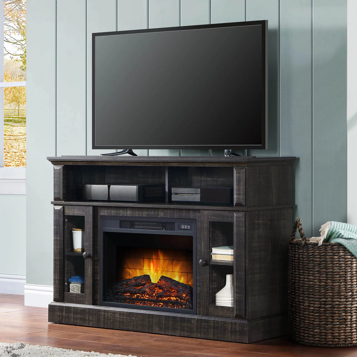 Dark Pine Finish Media Fireplace TV Stand V237