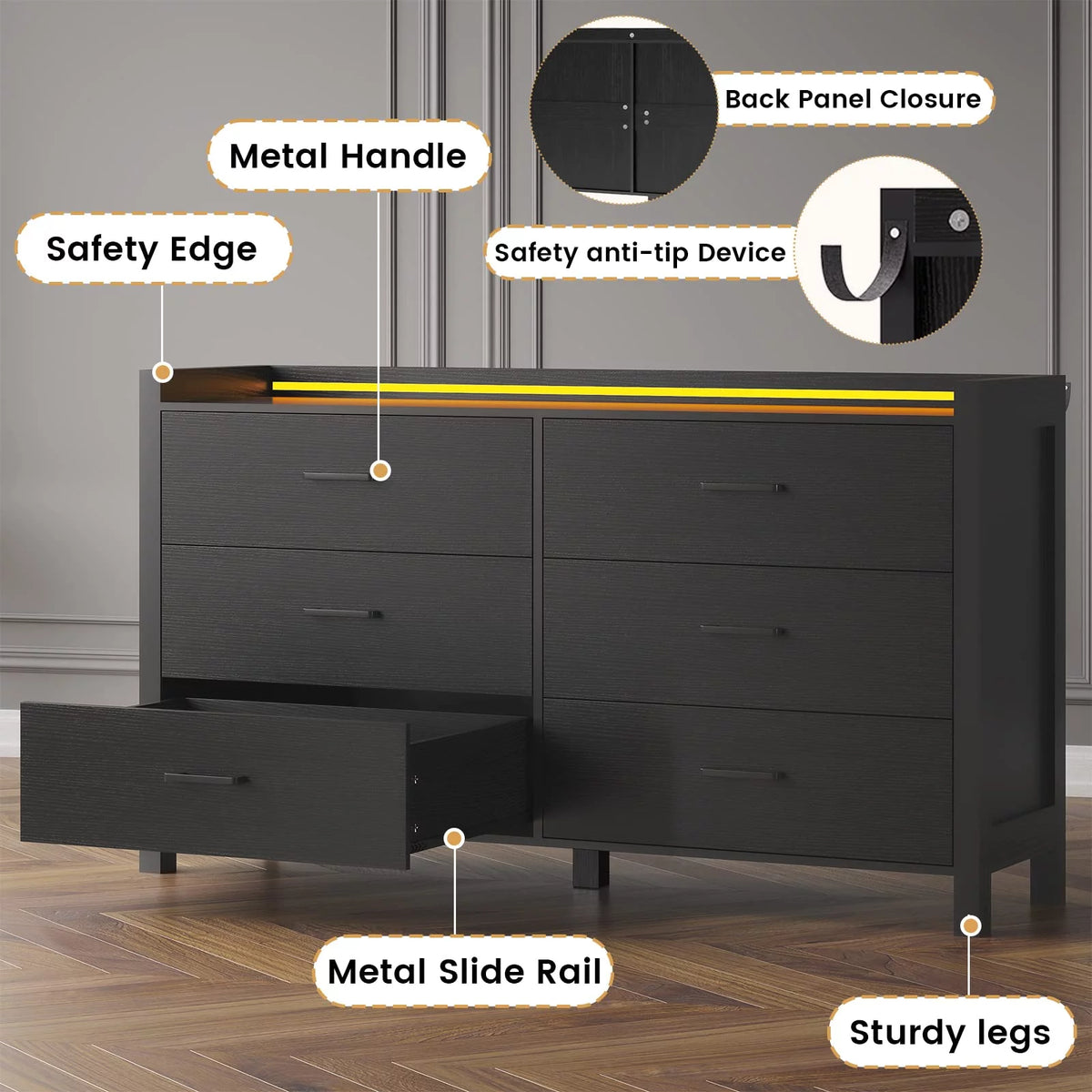 Black 6 Drawer Double Dresser with LED Lights R91376