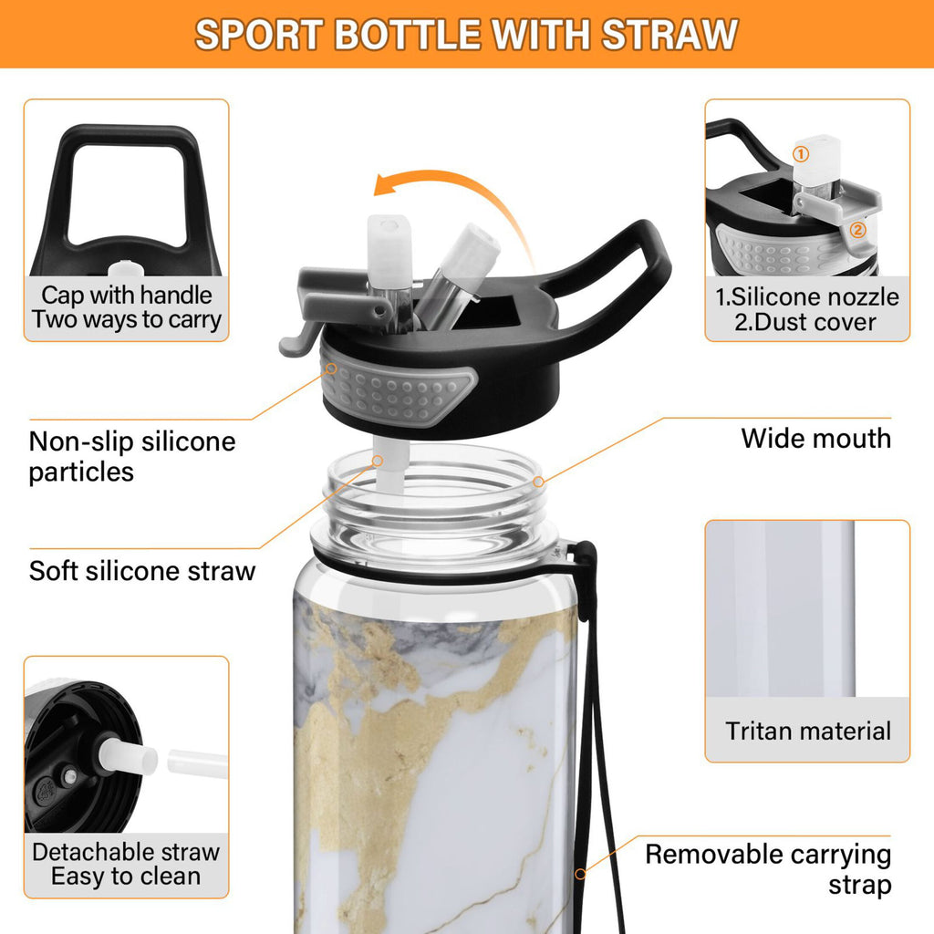 White and Black Golden Marble 32oz Tritan Leakproof Water Bottle with Straw U6090