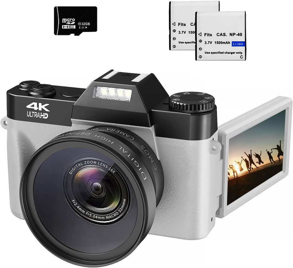 48MP 16X Digital Zoom Flip Screen Autofocus Camcorder with Wide-Angle Lens, Macro Lens, 32G Micro Card, 2 Batteries (Gray) Y100