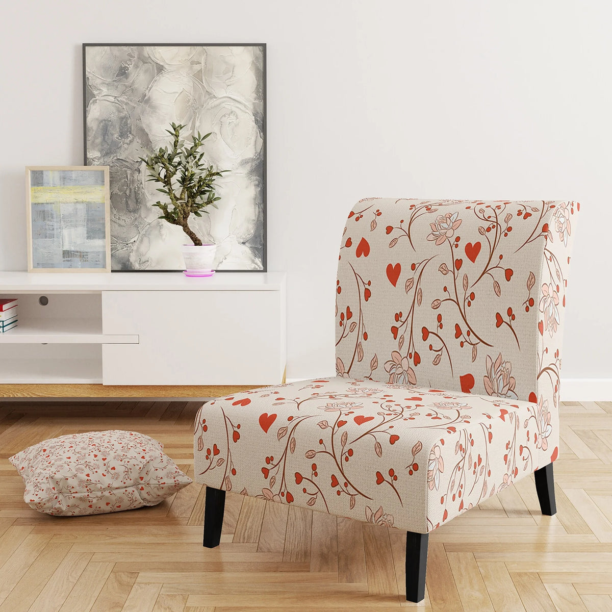 Red Vector Floral Pattern Upholstered Accent Chair and Arm Chair X113188