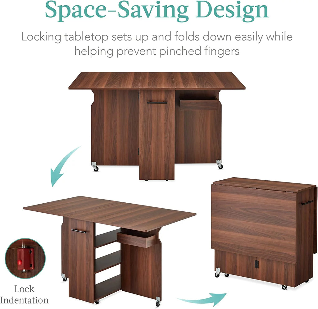 Folding Drop Leaf Dining Table with Wheels and 3 Storage Shelves Brown A557183